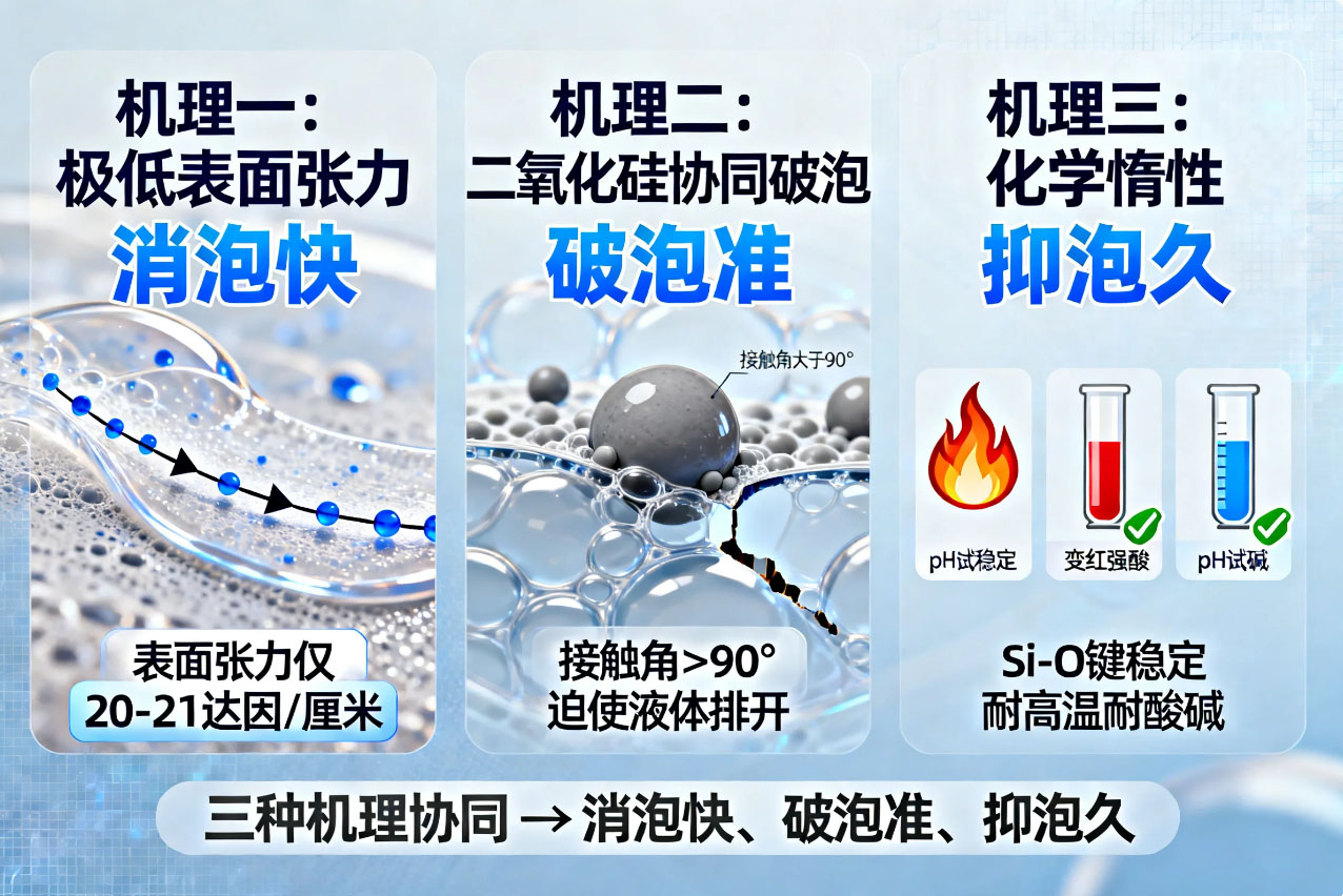 有機(jī)硅消泡劑消泡機(jī)理三種協(xié)同作用示意圖