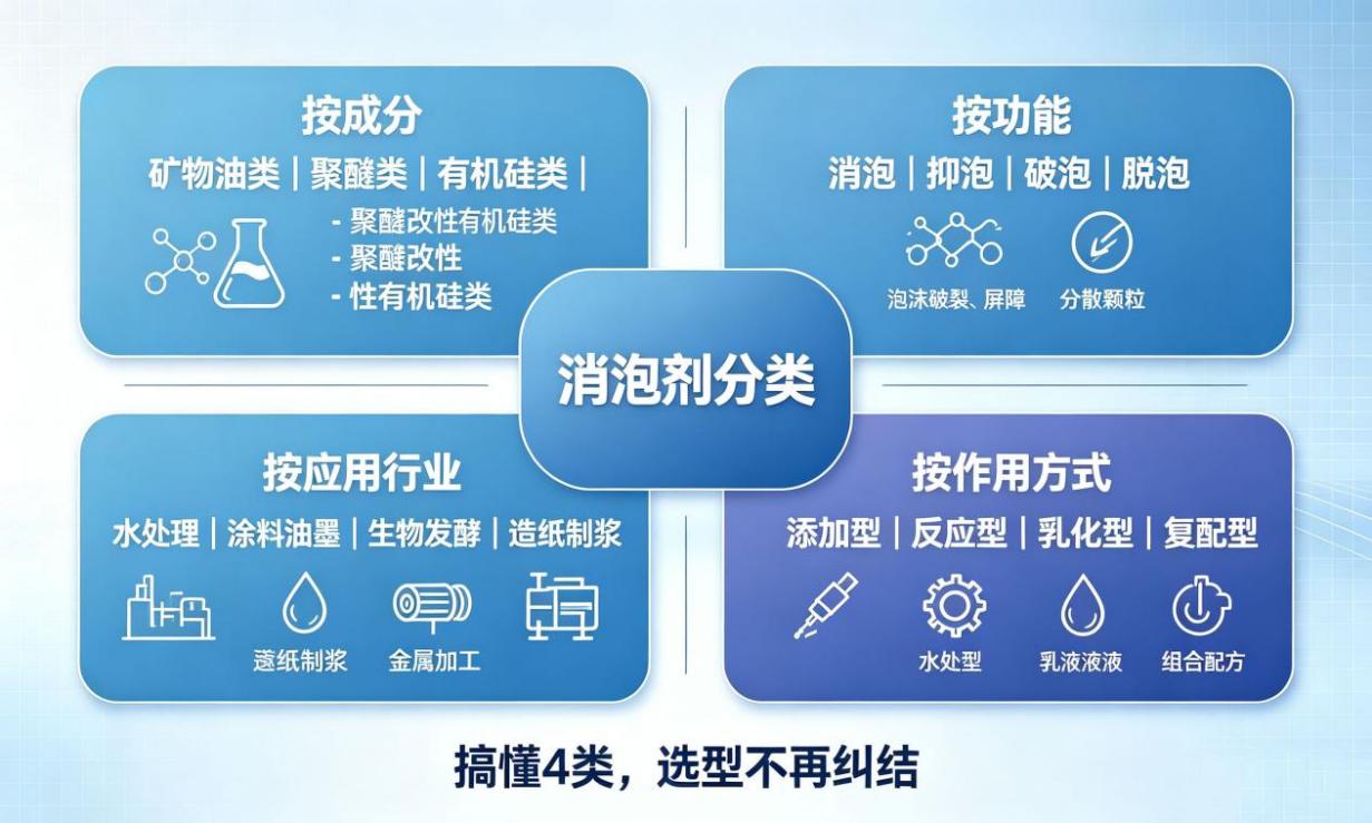 消泡劑分類四大維度總覽（成分/功能/行業/作用方式）