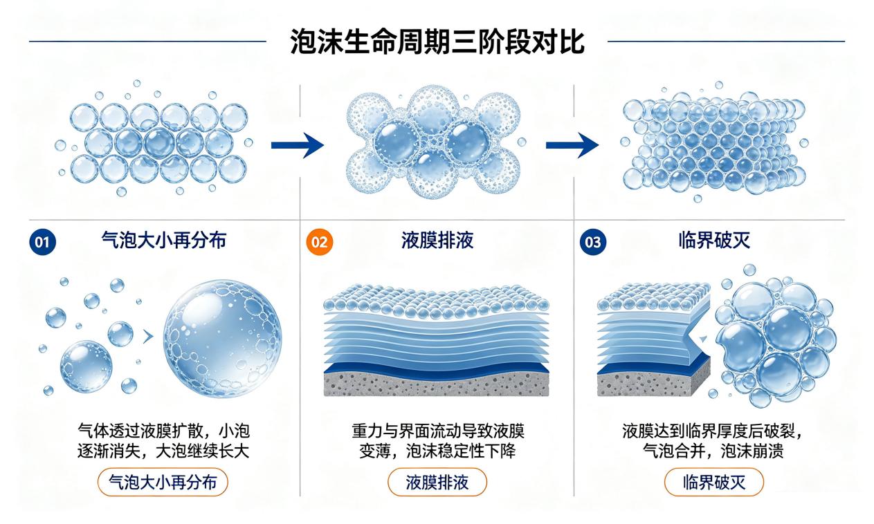 泡沫生命周期三階段氣泡大小分布排液破滅過程
