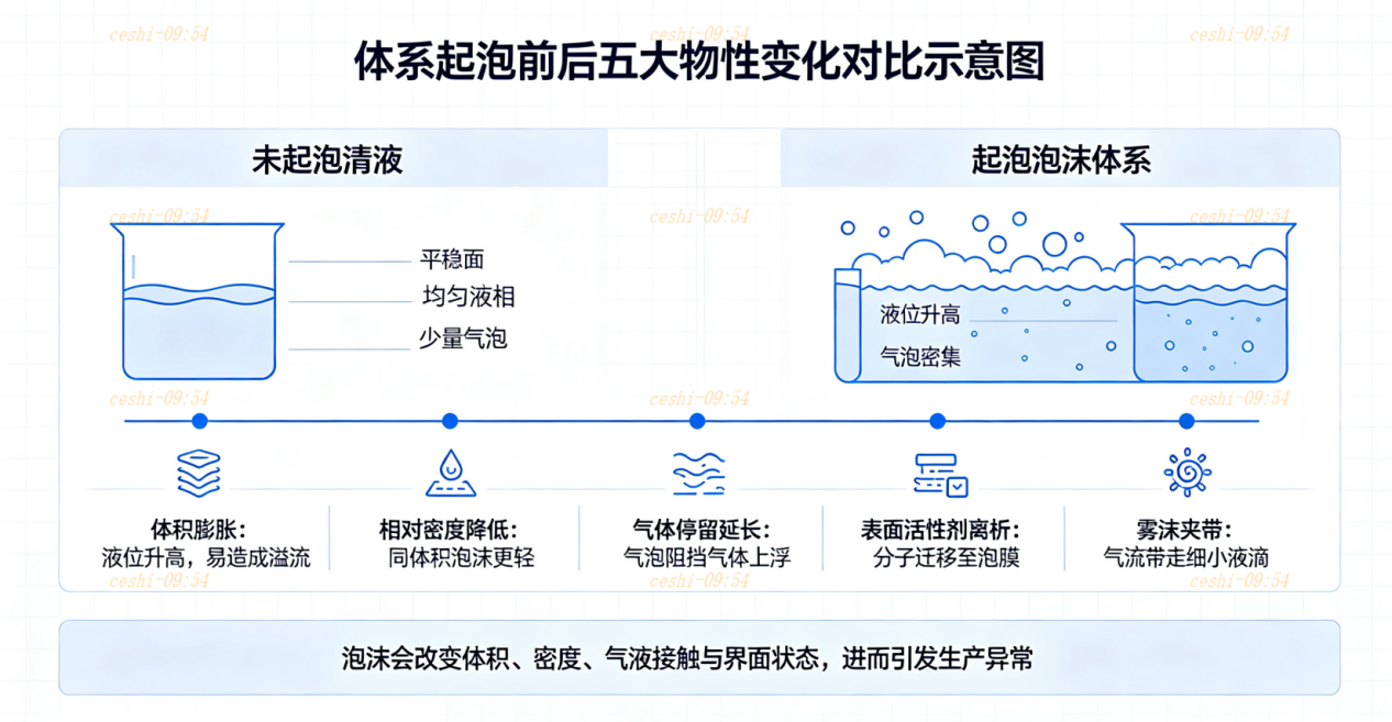 體系起泡前后五大物性變化對(duì)比示意圖