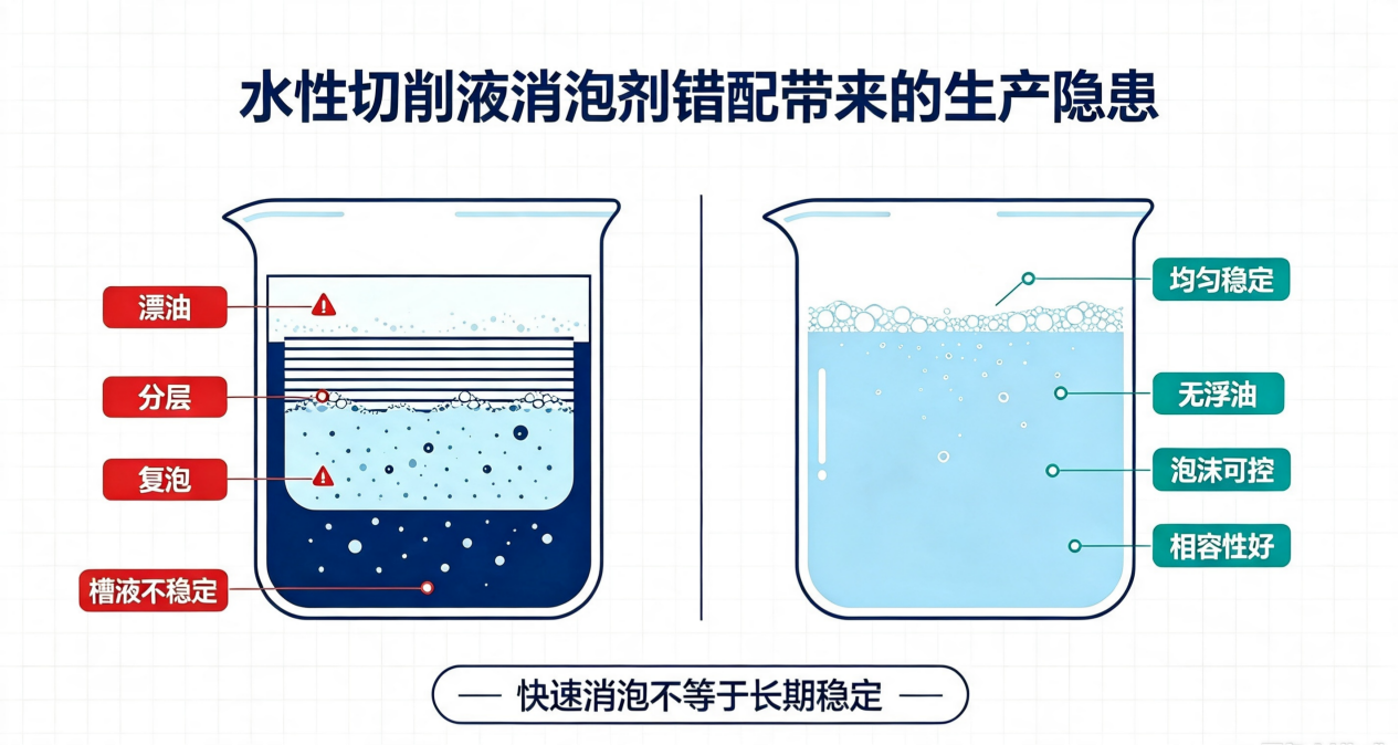 水性切削液消泡劑體系影響對比示意圖