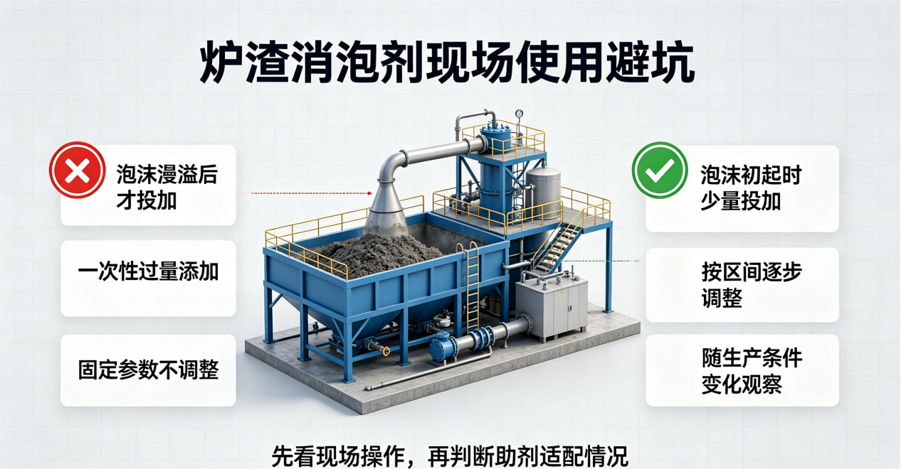 爐渣消泡劑現場使用避坑要點示意圖